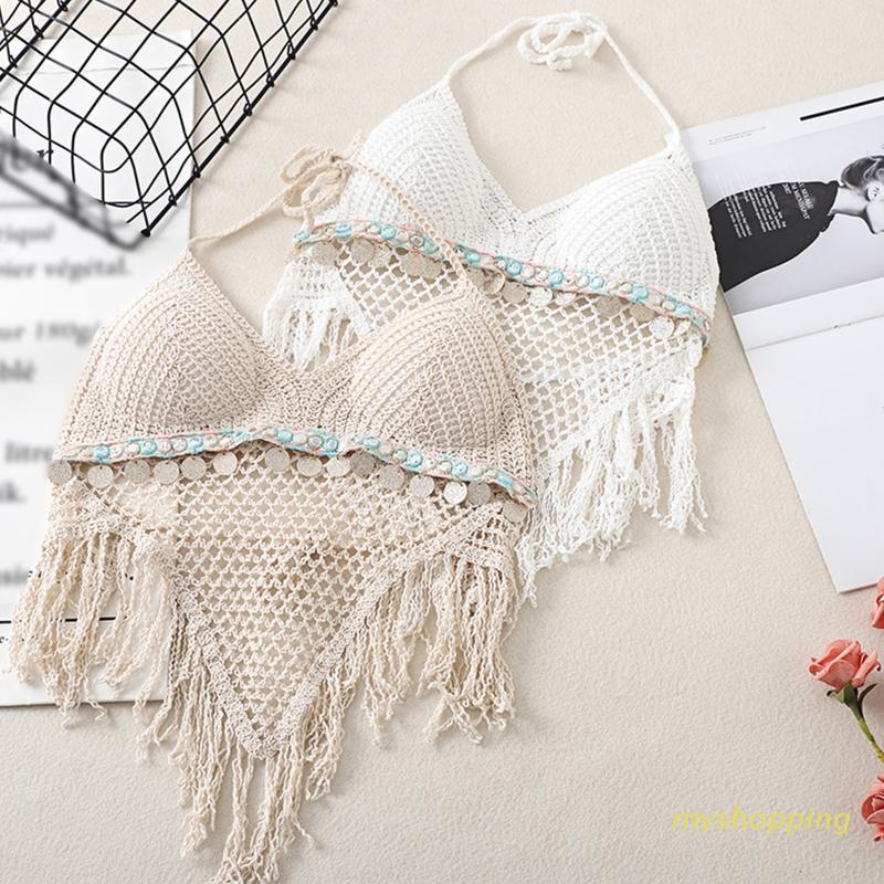 Áo Lót Bikini Cổ Chữ V Hở Lưng Có Viền Tua Rua Kim Sa Lấp Lánh Quyến Rũ Cho Nữ