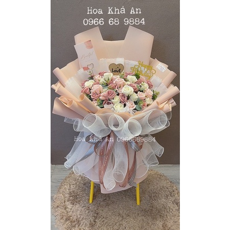 Bó hoa sáp 4 lớp 55bông mix lá táo. Tặng full phụ kiện y hình