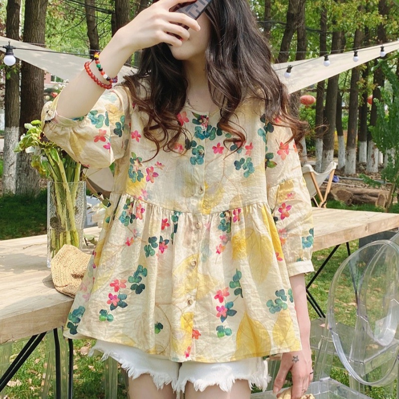 Áo babydoll hoa nhí tay lỡ dáng rộng, sơ mi nữ kiểu vải thô lụa cao cấp mùa hè S4T4-5