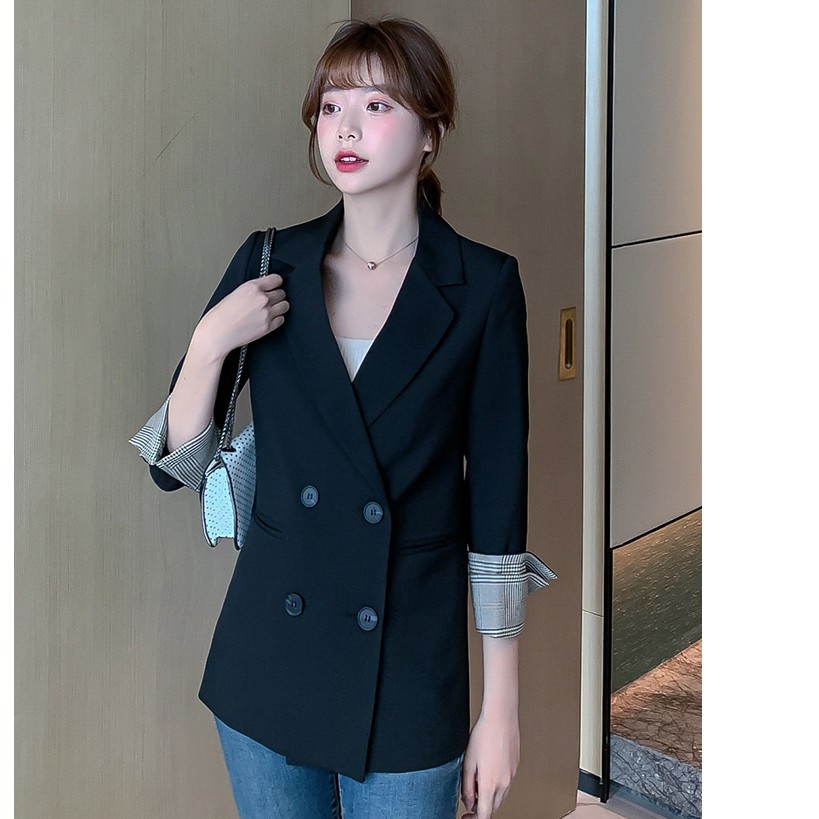 Áo Blazer màu đen cổ tay caro, áo vest công sở kiểu hàn quốc, áo khoác blazer chất vải cao cấp TN1318-Đn | BigBuy360 - bigbuy360.vn