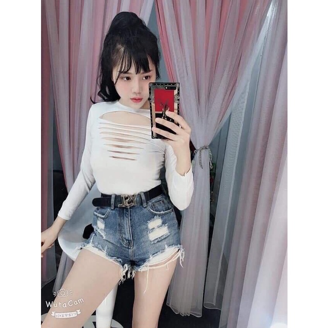 Áo thun ôm tay dài cắt xẻ rách phần ngực chất thun mát phong cách hời trang hè retro mới cho nữ, ÁO BODY RÁCH
