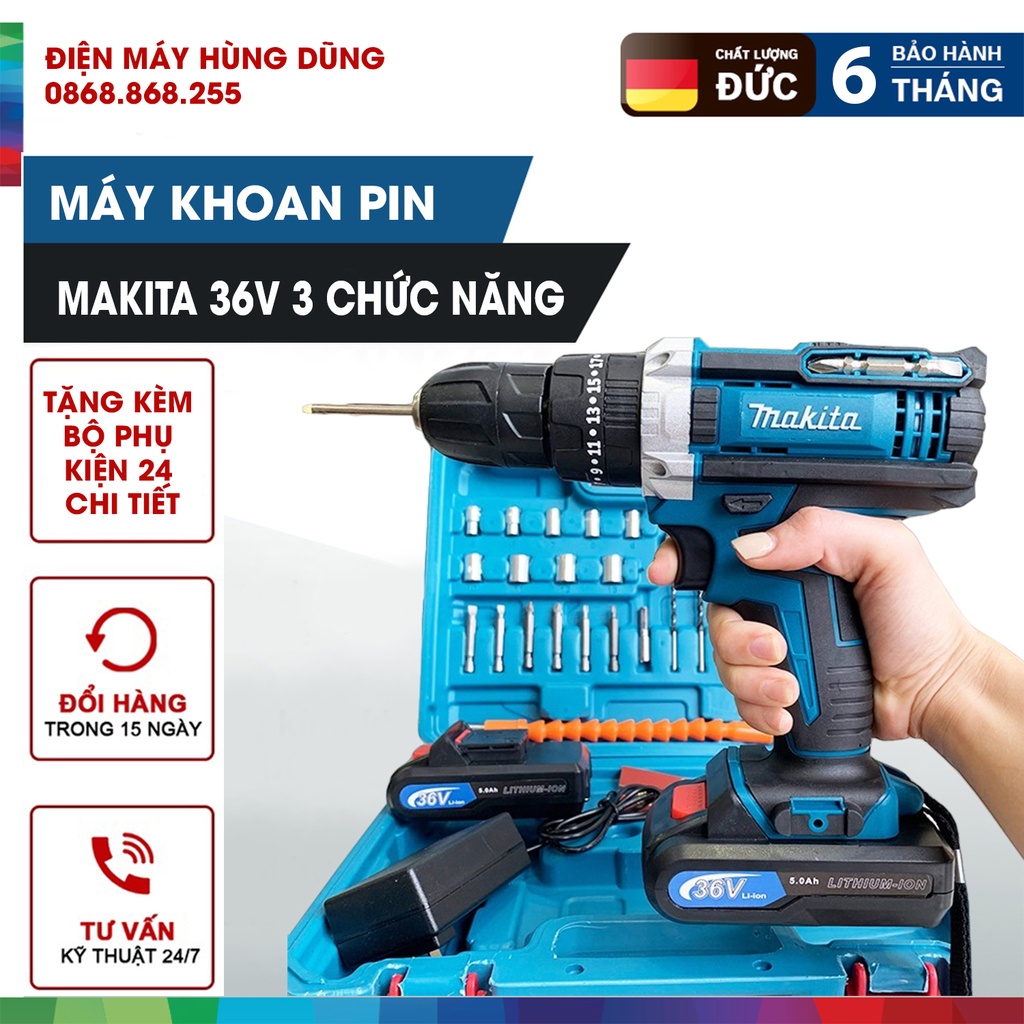 Máy Khoan Pin Makita, Khoan Pin Makita 3 Chức Năng Khoan Gỗ, Khoan Sắt, Bắn Vít - Tặng Kèm Phụ Kiện 24 Chi Tiết