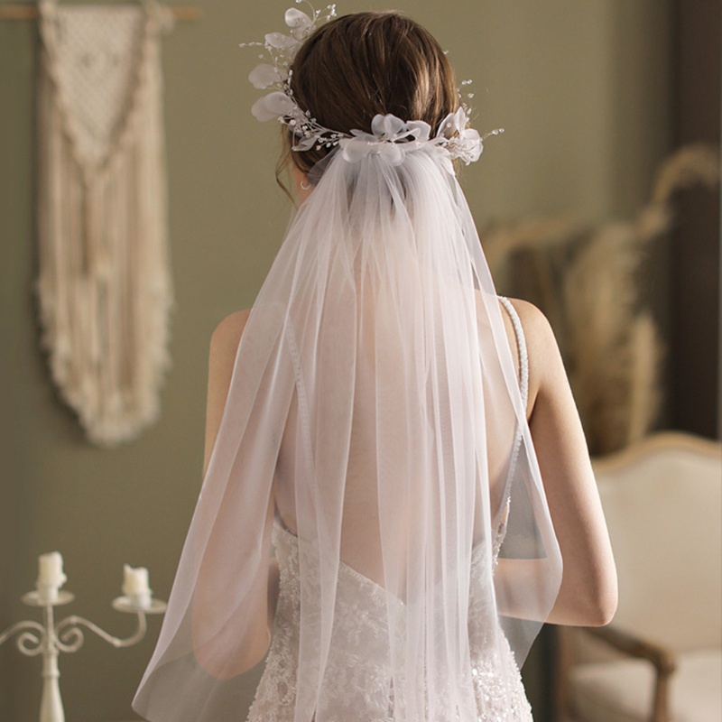 Mạng Che Mặt Ngắn Một Lớp Cắt Vải Tuyn Đính Hạt Trang Trí Hoa Gir