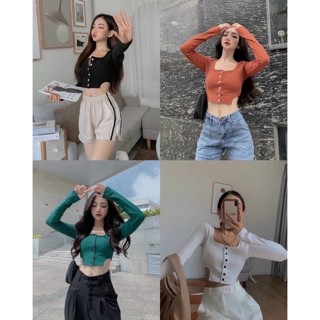 Áo thun body croptop tay dài dáng ngắn phối cúc hở eo