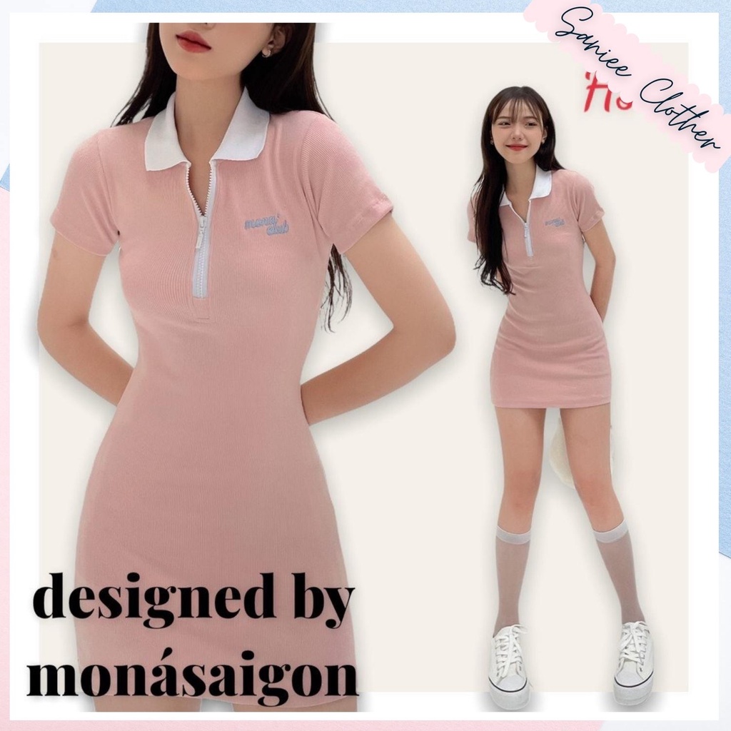 Váy polo nữ in chữ đầm body cổ sơ mi kéo khóa không nhăn unisex Saniee Clother