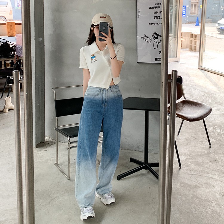 Áo Polo cúc lệch hoạ tiết thêu, áo polo croptop