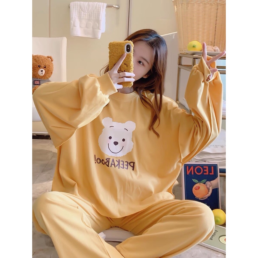 Đồ ngủ nữ dài tay mùa đông in hình gấu PEEKABOO0 cute bộ nỉ nữ HANY CLOTHINGS X090 màu VÀNG/HỒNG/XANH | BigBuy360 - bigbuy360.vn