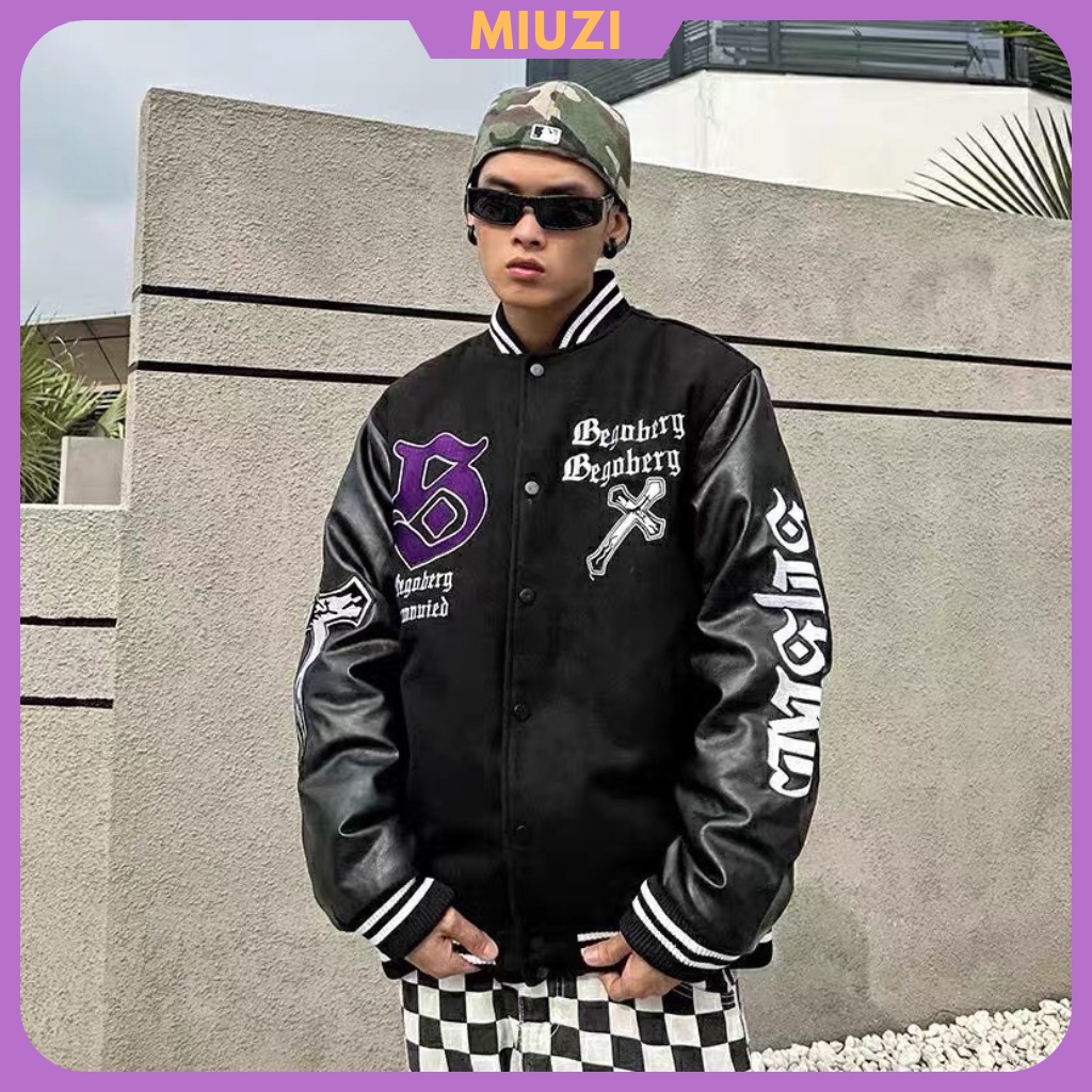Áo bomber nam vải dạ tay da thêu thánh giá trước,Áo varcity Miuzi DT140