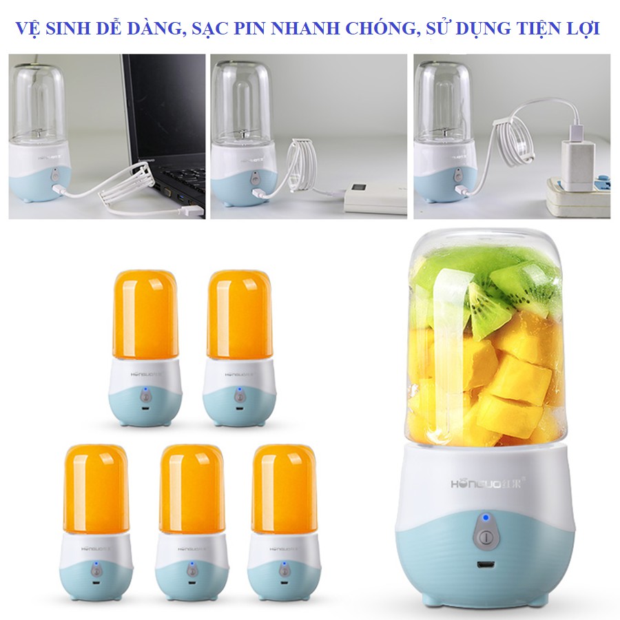 Máy xay sinh tố cầm tay mini sạc pin, Máy say sinh tố cầm tay đa năng mini 300ml HONGUO