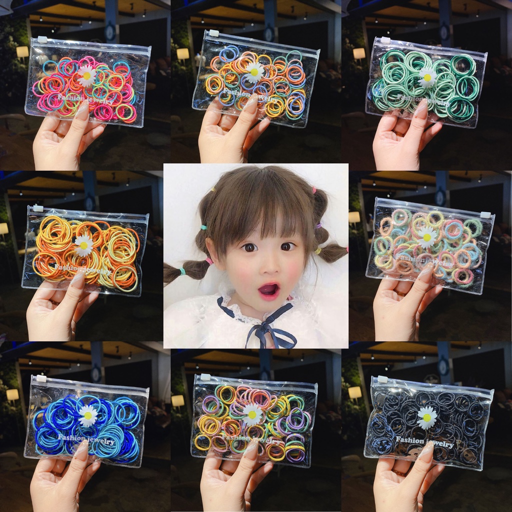 Bộ 100 Dây Buộc Tóc Cao Su Dễ Thương Phong Cách Hàn Quốc Cho Bé Gái