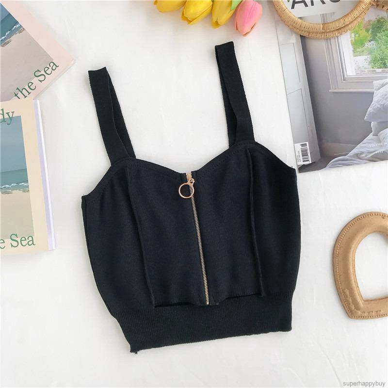 Áo len hai dây cổ chữ V phối khóa kéo phong cách trẻ trung dành cho nữ