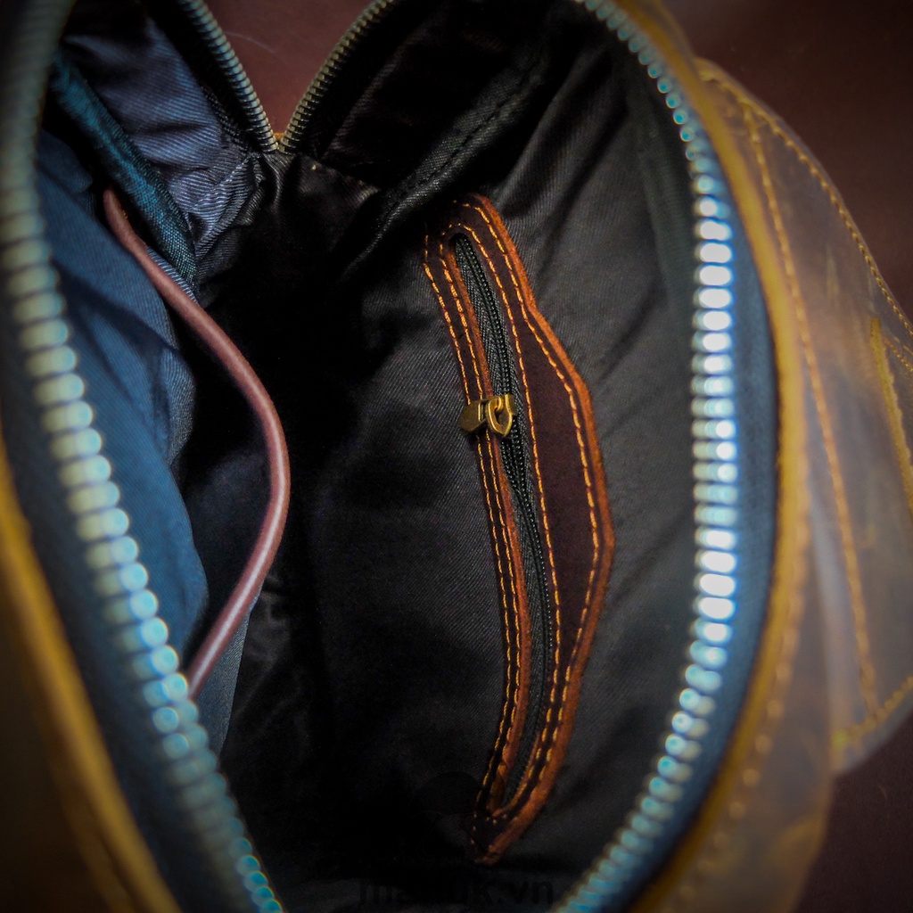 Túi chéo da bò thật, da bò sáp nâu rêu nhập khẩu cao cấp Pocket sling bag - Manuk vn Leather Design