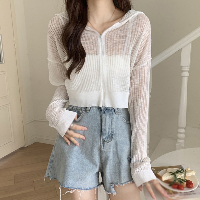 Áo Khoác Cardigan Dệt Kim Tay Dài Vải Lụa Mát Xuyên Thấu Thời Trang Cho Nữ