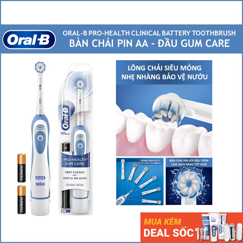 Bàn Chải Điện Dùng Pin Oral-B GumCare Clinical - Đầu Gum Care, Màu Trắng Xanh - Dùng Pin AA, Hẹn Giờ 2-Phút
