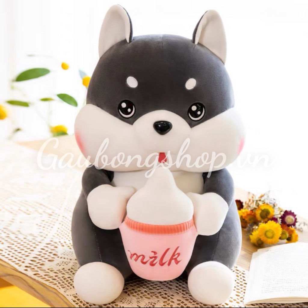 ấu bông chó Husky ôm bình sữa, Thú nhồi bông chó ôm bình sữa đáng yêu size 45cm/60cm/80cm cao cấp gaubongshop.vn - M029