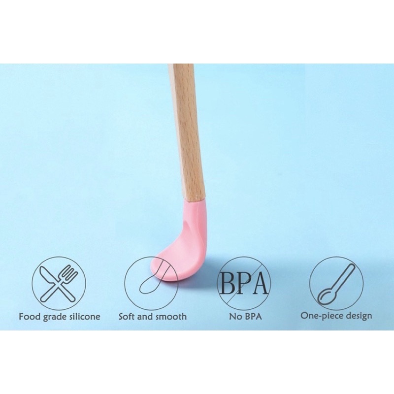 Thìa ăn dặm silicon cán gỗ cho bé, muỗng silicon