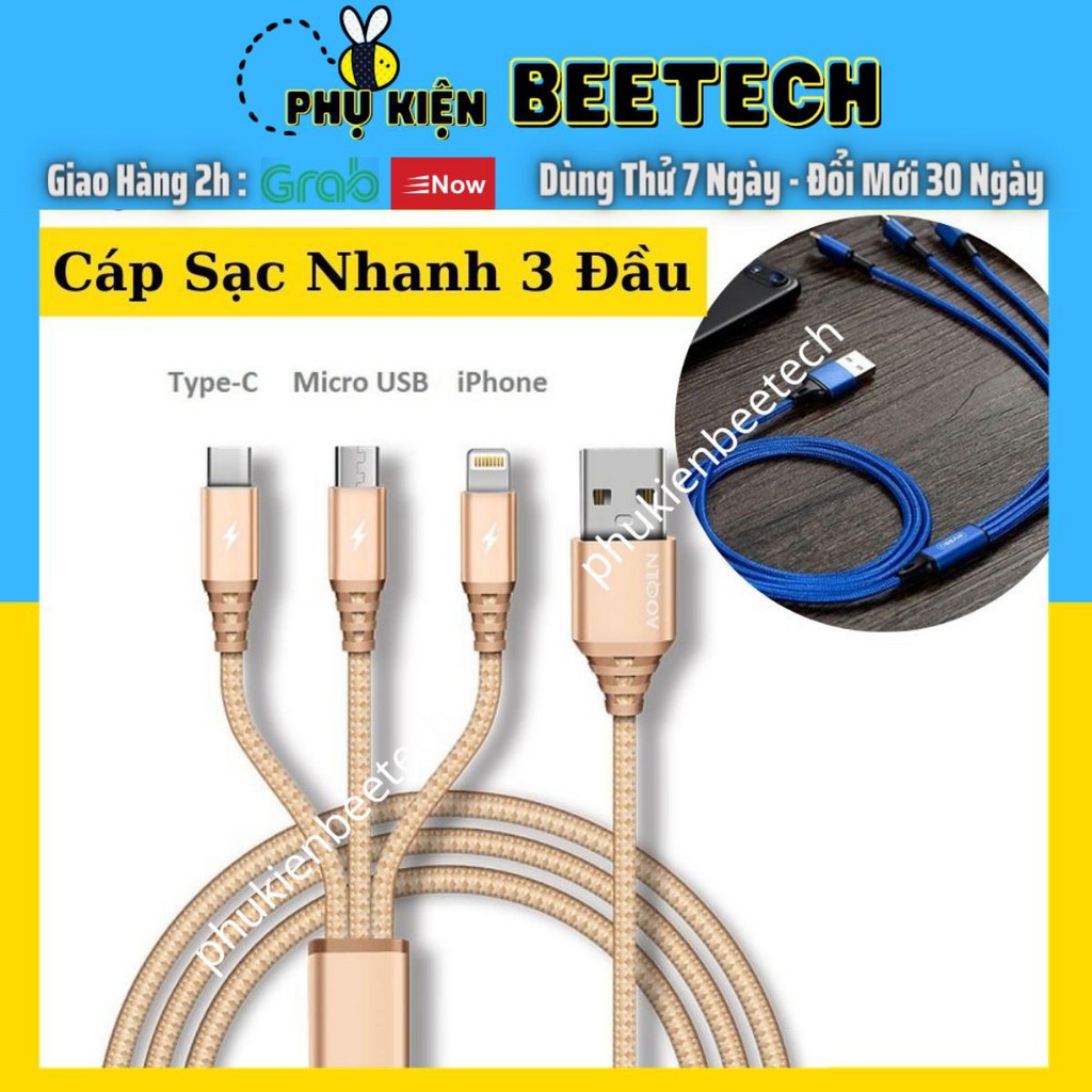 Cáp sạc 3 đầu bọc dù, sạc nhanh, bọc kim loại 2 đầu - Beetechvietnam