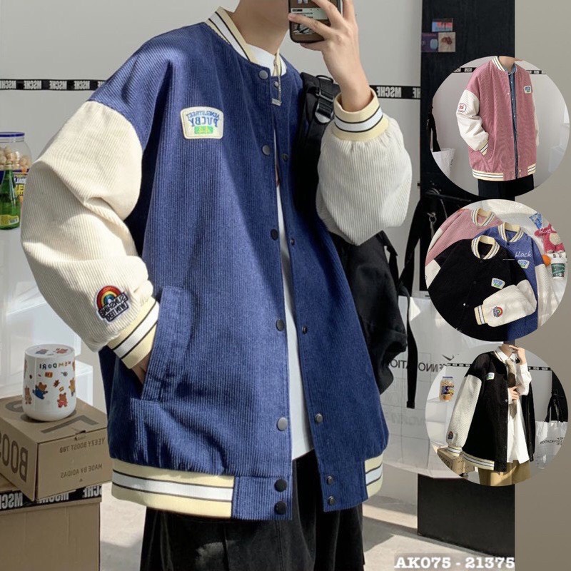 Áo Khoác Bomber Jacket Nhung Gân Tăm Thêu LOGO PUCBY Varsity Form Rộng Unisex Nam Nữ Ulzzang NUPAKACHI