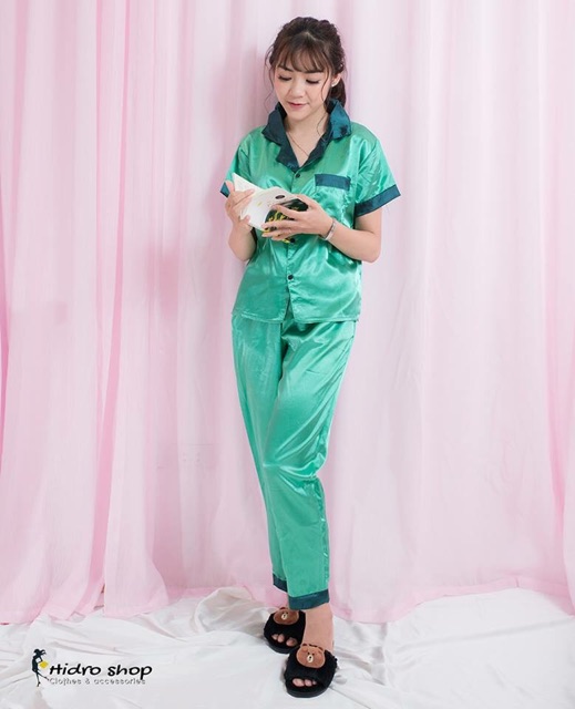Bộ ngủ pijama lụa satin phối màu dài tay ngắn
