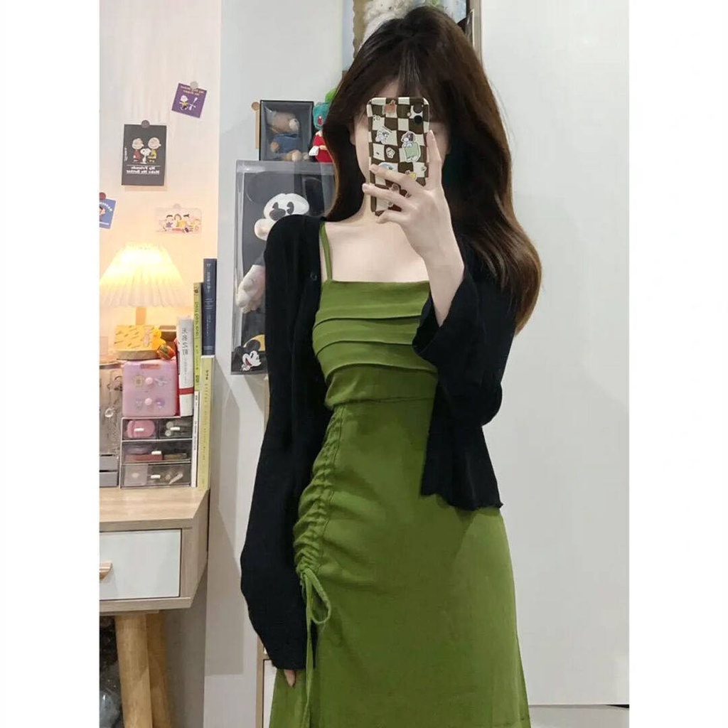 🎀váy babydoll set váy đầm 2 dây váy xinh  Đầm Cardigan Dệt Kim Hai Dây Ôm Eo Màu Xanh Lá Mùa Hè Phong Cách Mới Cho Nữ