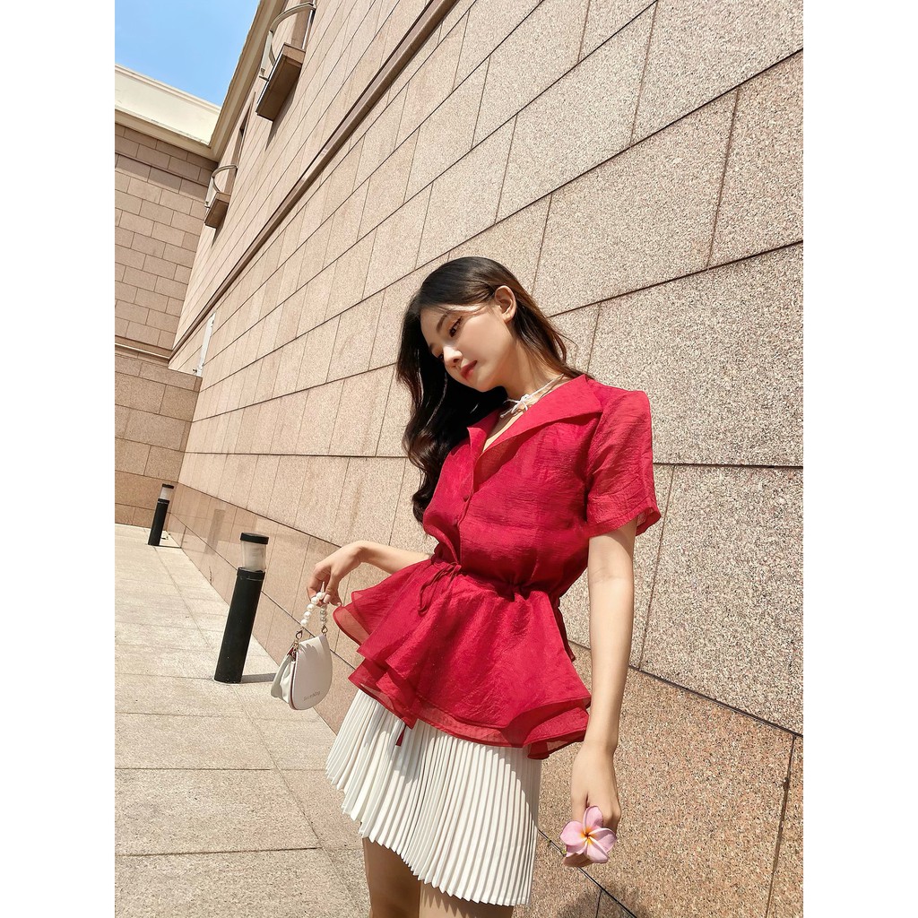 TUBYCATU | Áo organza đỏ cổ bẻ rút eo