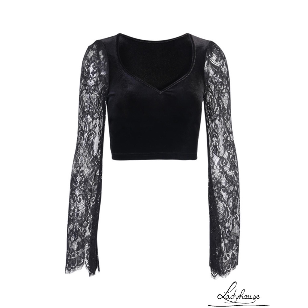 Áo croptop tay loe cổ chữ V phối ren xuyên thấu gợi cảm cho nữ