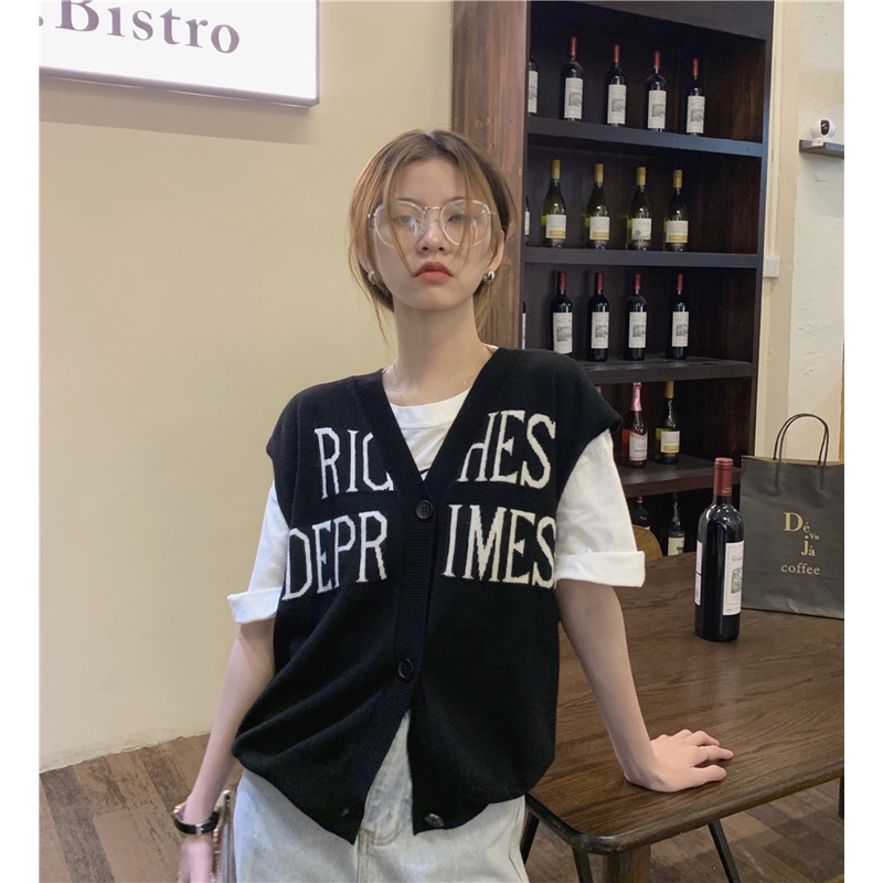 Xiaozhainv Áo Dệt Kim Sát Nách Cổ Chữ V Dáng Rộng Cài Khuy In Chữ Kiểu Vintage Thời Trang