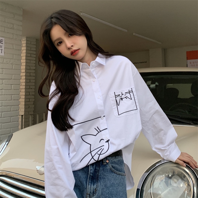 Áo sơ mi ZHELIHANGFEI tay dài dáng rộng họa tiết hình con mèo phong cách học đường dễ phối đồ