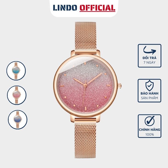 Đồng hồ nữ dây thép lưới vàng hồng D-ZINER NT30  mặt tròn màu gradient free size LINDO | BigBuy360 - bigbuy360.vn