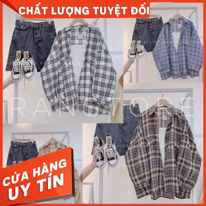 Áo sơ mi kẻ caro 4 màu 2 túi lệch dài tay phom rộng unisex/ Áo khoác chống nắng oversize nam nữ kẻ caro_ranstore - HÀNG