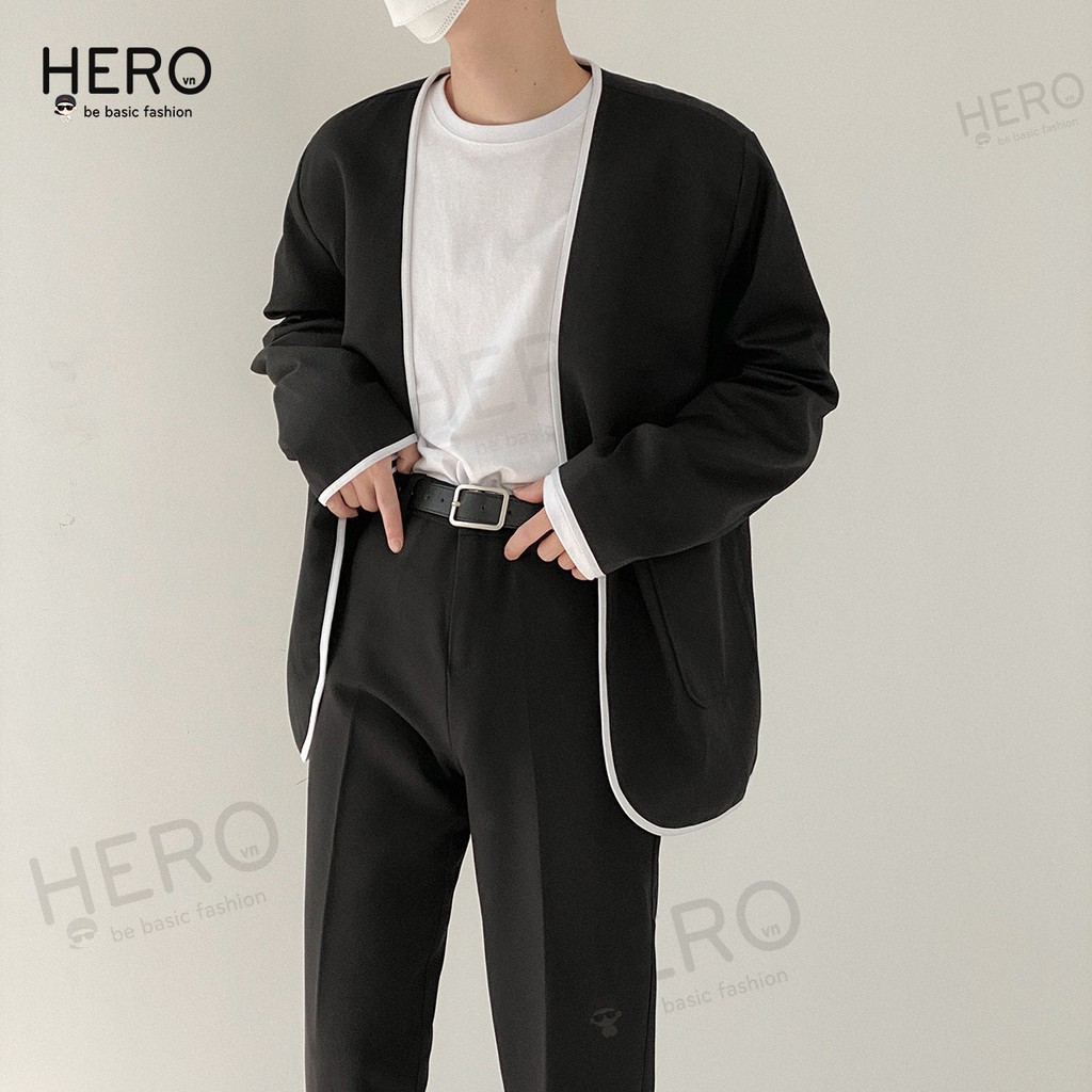 quần blazer nam [Siêu Độc] Áo Blazer Nam Dài Tay Form Dáng Rộng Phối Viến Trắng Không Cổ Thời Trang Hero Phong Cách Hà