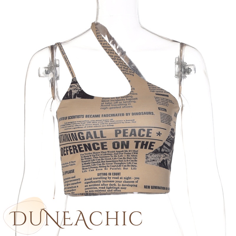 DUNEA Áo Hai Dây In Họa Tiết Tờ Báo Phong Cách Vintage Quyến Rũ Cho Nữ