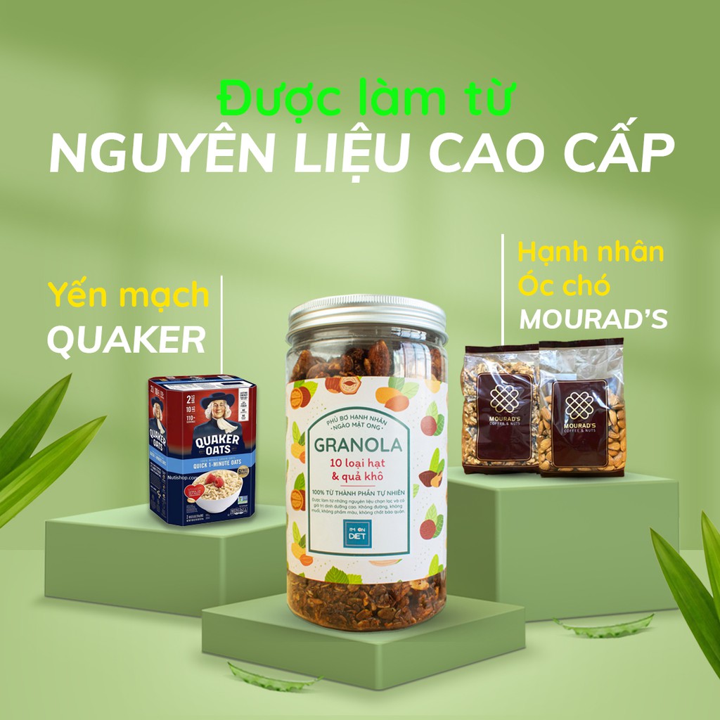 GRANOLA KHÔNG ĐƯỜNG ĂN KIÊNG | PHỦ BƠ HẠNH NHÂN - NGÀO MẬT ONG I 10 LOẠI HẠT & QUẢ KHÔ | 'M ON DIET | 250g - 500g