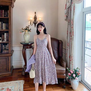 SET ÁO SƠ MI VOAN MỎNG TÍM + VÁY MAXI 2 DÂY HOA TÍM PASTEL - VÁY HOA TÍM CHUN EO MIX ÁO KHOÁC GIẤY