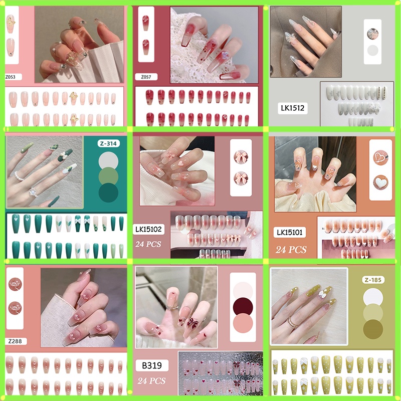 Set 24 móng tay giả họa tiết trái tim/ bươm bướm thời trang dành cho nữ