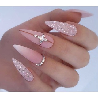 nailbox Nuna móng úp thiết kế móng đính đá rắc và đá trắng màu Hồng ombre mate