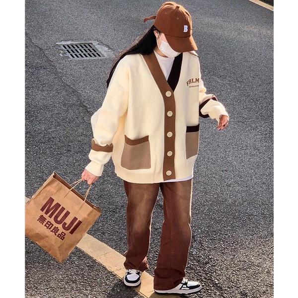 Áo Khoác Cardigan Dệt Kim Dáng Rộng Thêu Chữ Phối Màu Tương Phản Cá Tính Thời Trang