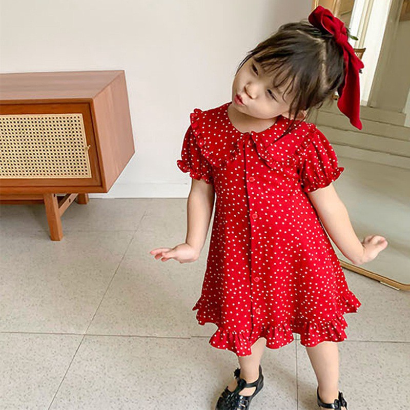 Đầm/ Áo Liền Quần Ngắn Tay Họa Tiết Chấm Bi Xinh Xắn Cho Bé Gái