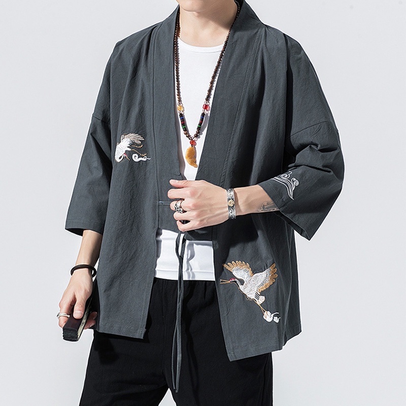 Áo Khoác Kimono Cotton Lanh Cổ Chữ V Dáng Rộng Phong Cách Hip Hop Trung Hoa Truyền Thống Thời Trang Mùa Hè Cho Nam#Áo Thun Man Ngắn