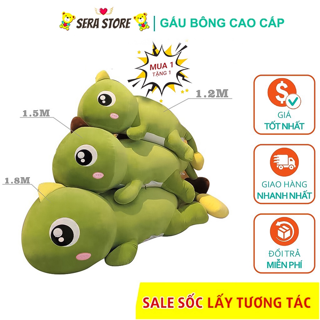 Gấu Bông Khủng Long Đuôi Tim Mắt Lồi Siêu To Khổng Lồ Size 1M8, Gối Ôm Dài Khủng Long Cute Dễ Thương Siêu Êm Mềm Mịn