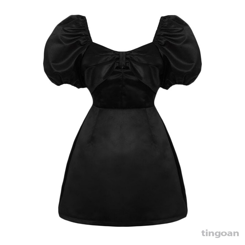 Váy tafta cổ vuông 1 nơ đen tingoan MARLENA DRESS/BL