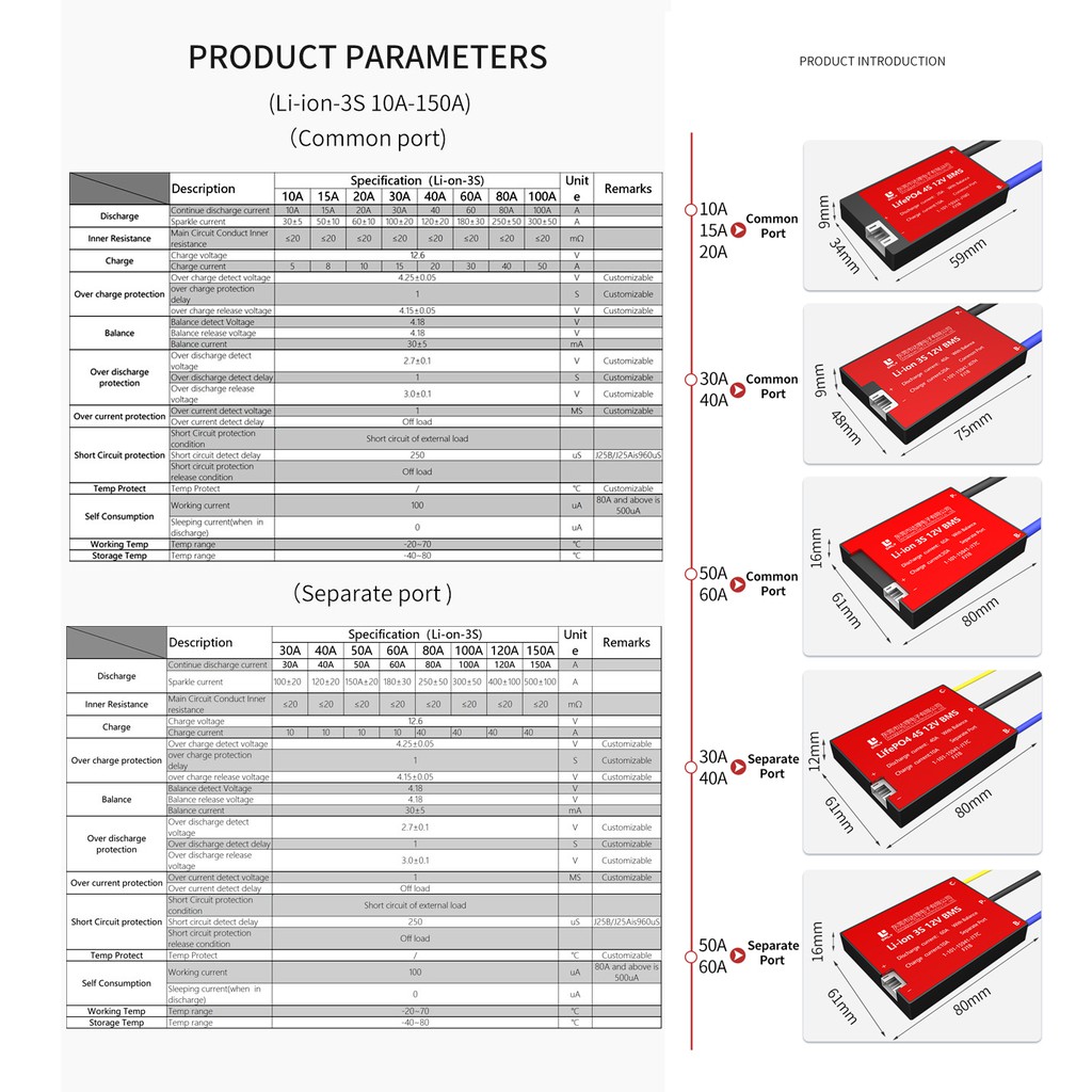 Bộ pin Li-ion bms 3s 12V 10A 15A 20A 30A 40A 50A 60A BMS 11.1V 12.6V 18650 gói pin lithium BMS với Phiên bản cân bằng dành cho xe đạp điện