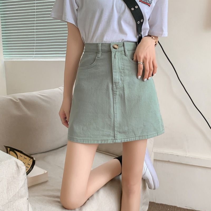 IELGY Chân váy jean lưng cao dáng chữ A phong cách cổ điển thời trang cho nữ