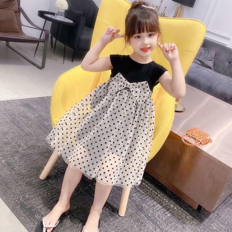 Đầm Công Chúa Tay Ngắn Họa Tiết Chấm Bi Thời Trang Mùa Hè Cho Bé Gái