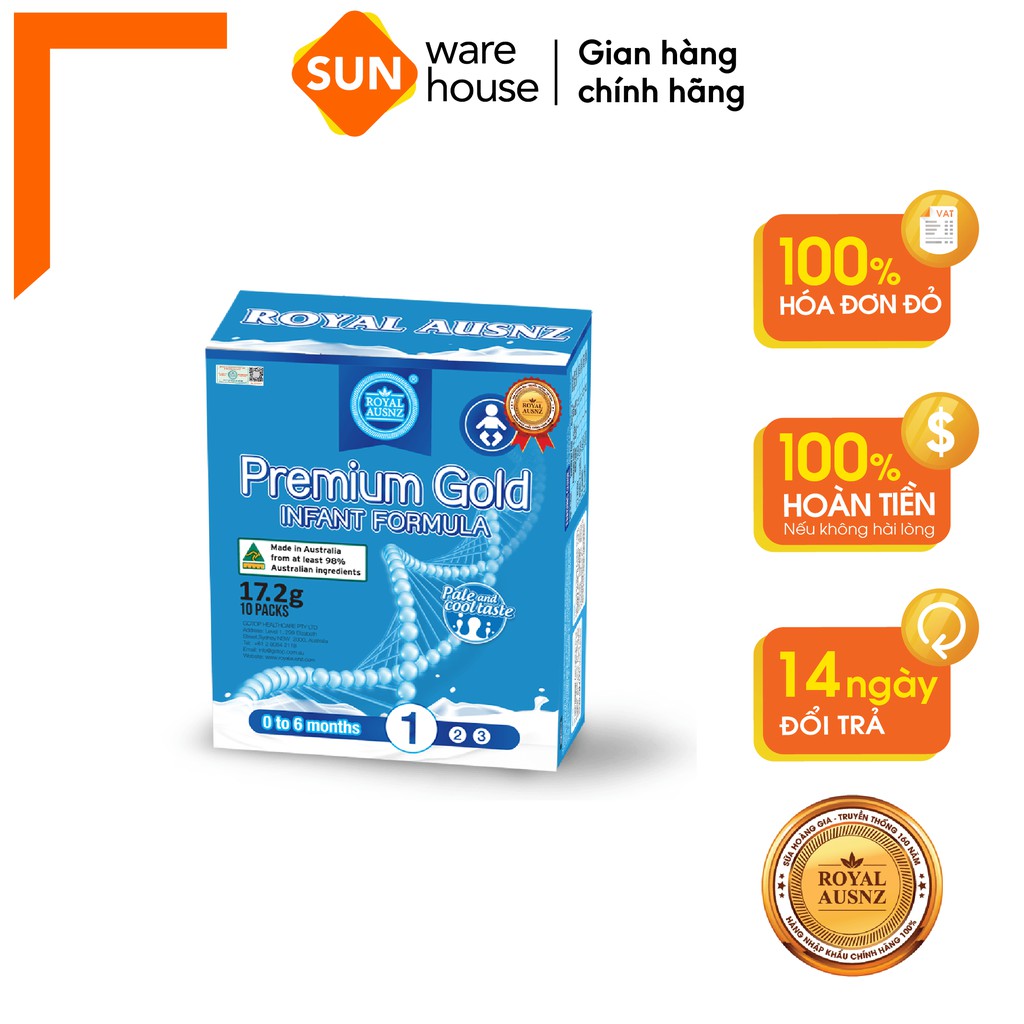 Sữa Bột Hoàng Gia Úc Premium Gold Số 1 Bổ Sung Vitamin, Khoáng Chất Cho Trẻ ROYAL AUSNZ Hộp 10 gói x 17,2g