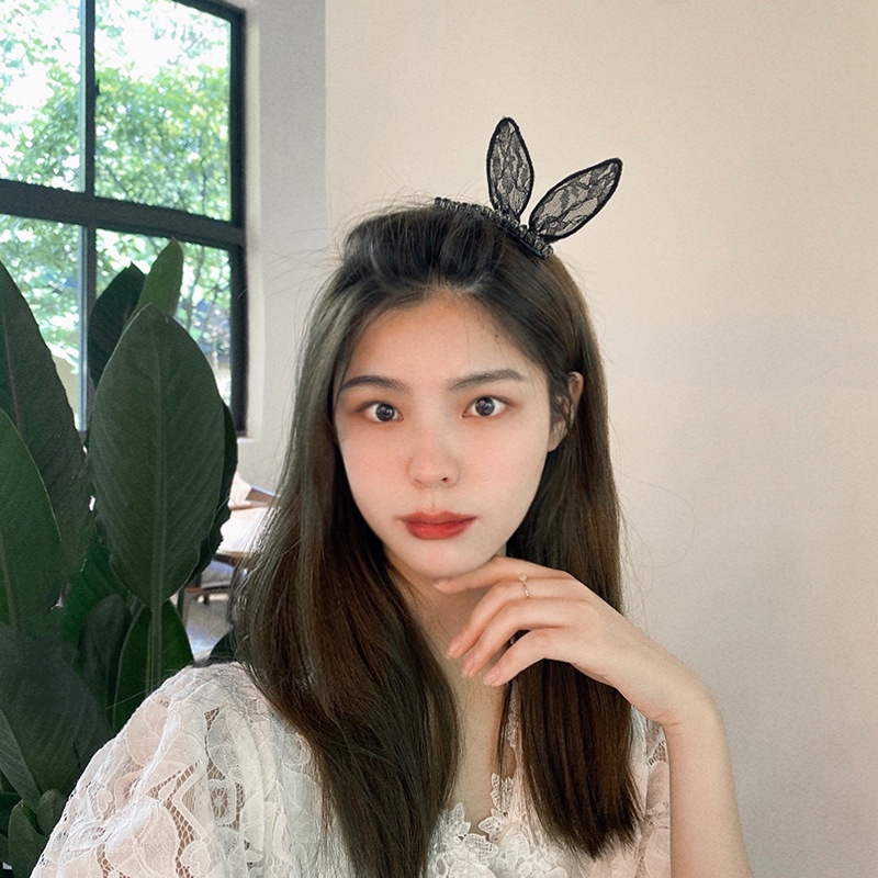 Kẹp Tóc Hình Tai Thỏ Phối Ren Màu Đen Thời Trang Cho Nữ