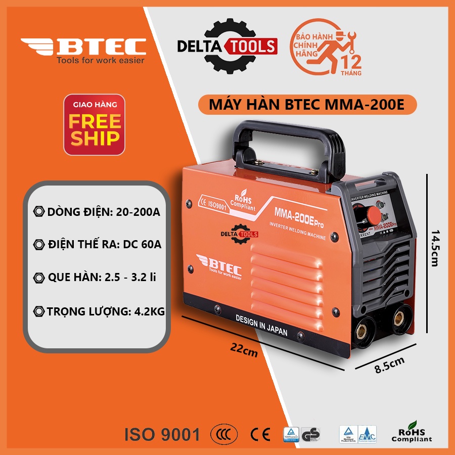 Máy Hàn Điện Tử mini BTEC MMA 200E Hàn Que 1,6 - 3,2mm Nhập Khẩu Chính Hãng