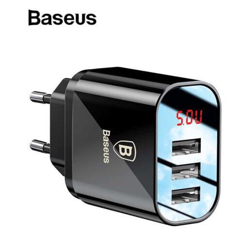 Cốc sạc nhanh 3 Cổng USB 3.4A thông minh Thương hiệu Baseus (DY035) có Màn Hình Đèn Led hiển thị điện áp ra