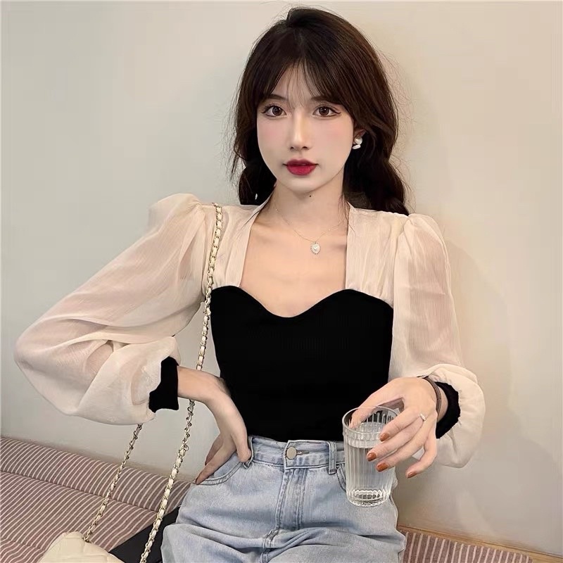 Áo Len Tăm Cổ Vuông Phối Tay Voan siêu Xinh, Áo Bánh Bèo,Áo Len Tăm