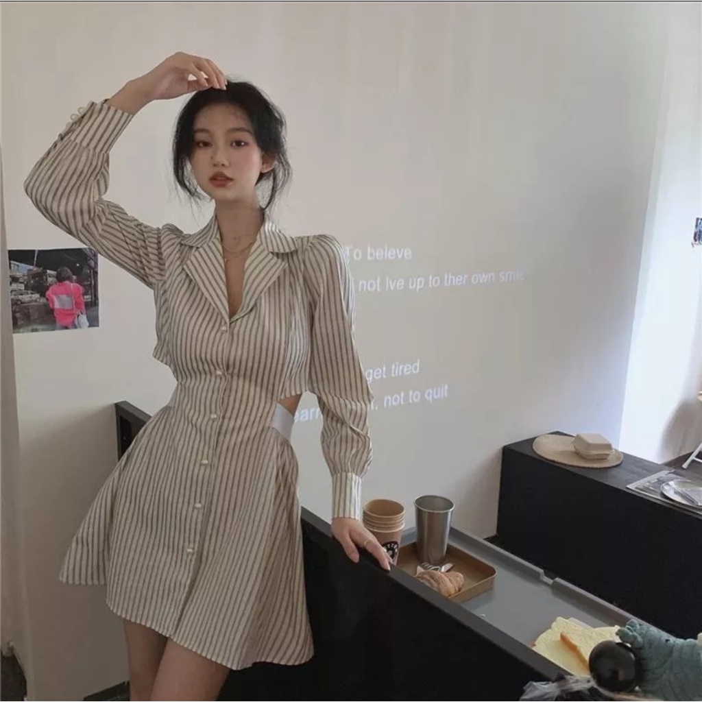 NEW SIZE S Đầm Dài Tay Đầm Sơ Mi Nữ Ngắn Thanh Lịch Mới Phong Cách Hàn Quốc Đầm Mini Kẻ Sọc Hở Lưng Chữ A SIZE S